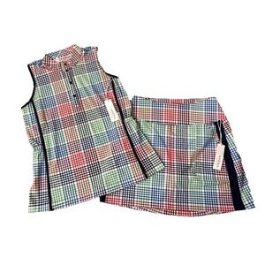NWT Kinona Make it Snappy Golf Top Pocket Envy Skort 2pc Set Vacation Plaid M